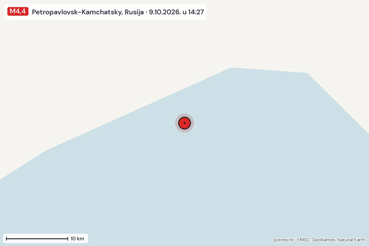 Karta: okolica epicentra, 60 km, potres M4,4, Petropavlovsk-Kamchatsky, Rusija, 9.10.2026.