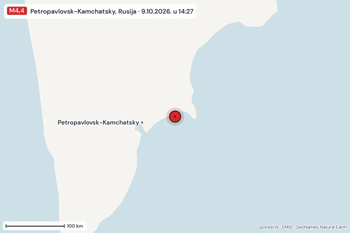 Karta: šire područje, 600 km, potres M4,4, Petropavlovsk-Kamchatsky, Rusija, 9.10.2026.