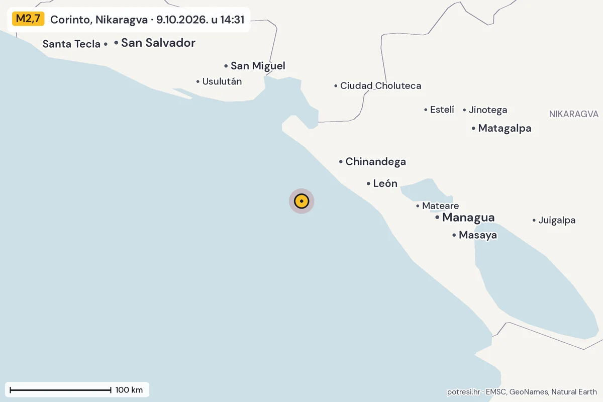 Karta: šire područje, 600 km, potres M2,7, Corinto, Nikaragva, 9.10.2026.
