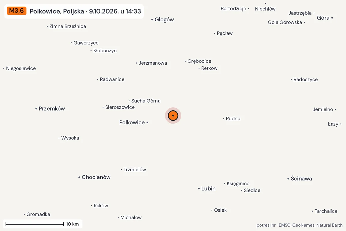 Karta: okolica epicentra, 60 km, potres M3,6, Polkowice, Poljska, 9.10.2026.
