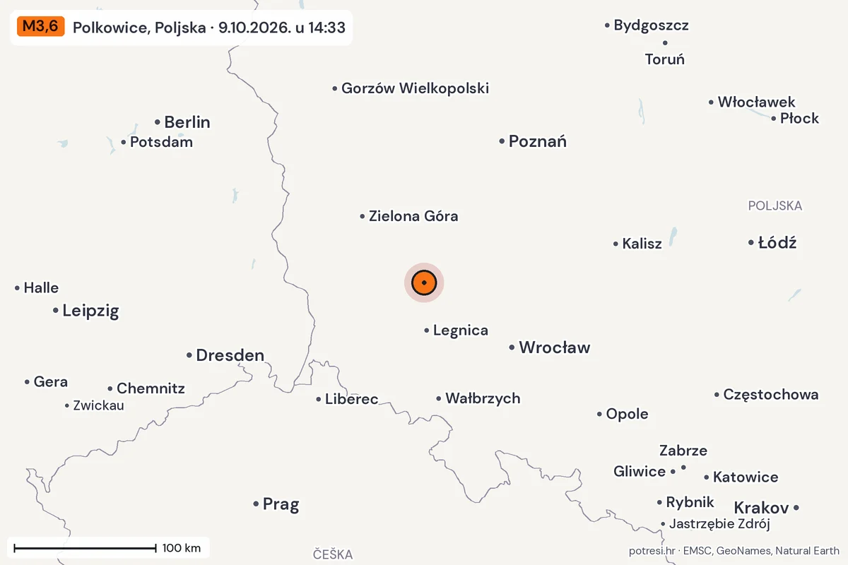 Karta: šire područje, 600 km, potres M3,6, Polkowice, Poljska, 9.10.2026.