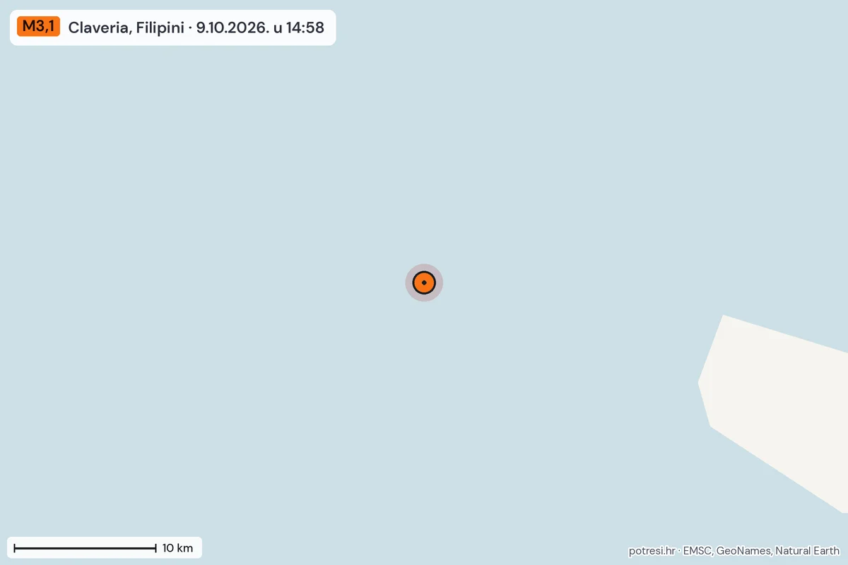 Karta: okolica epicentra, 60 km, potres M3,1, Claveria, Filipini, 9.10.2026.