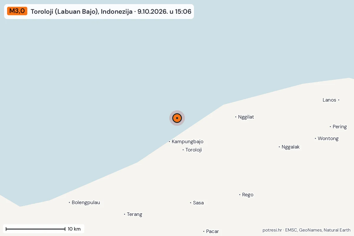 Karta: okolica epicentra, 60 km, potres M3,0, Toroloji (Labuan Bajo), Indonezija, 9.10.2026.