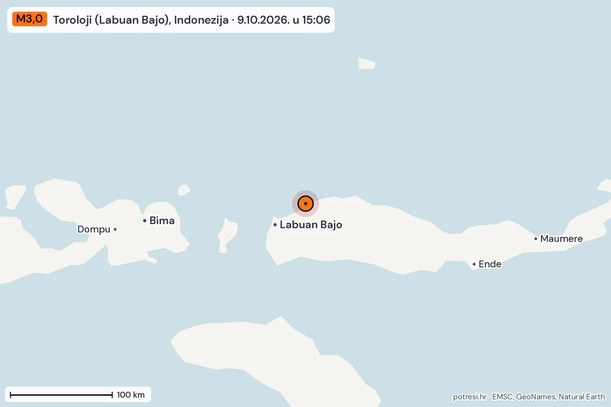 Karta: šire područje, 600 km, potres M3,0, Toroloji (Labuan Bajo), Indonezija, 9.10.2026.