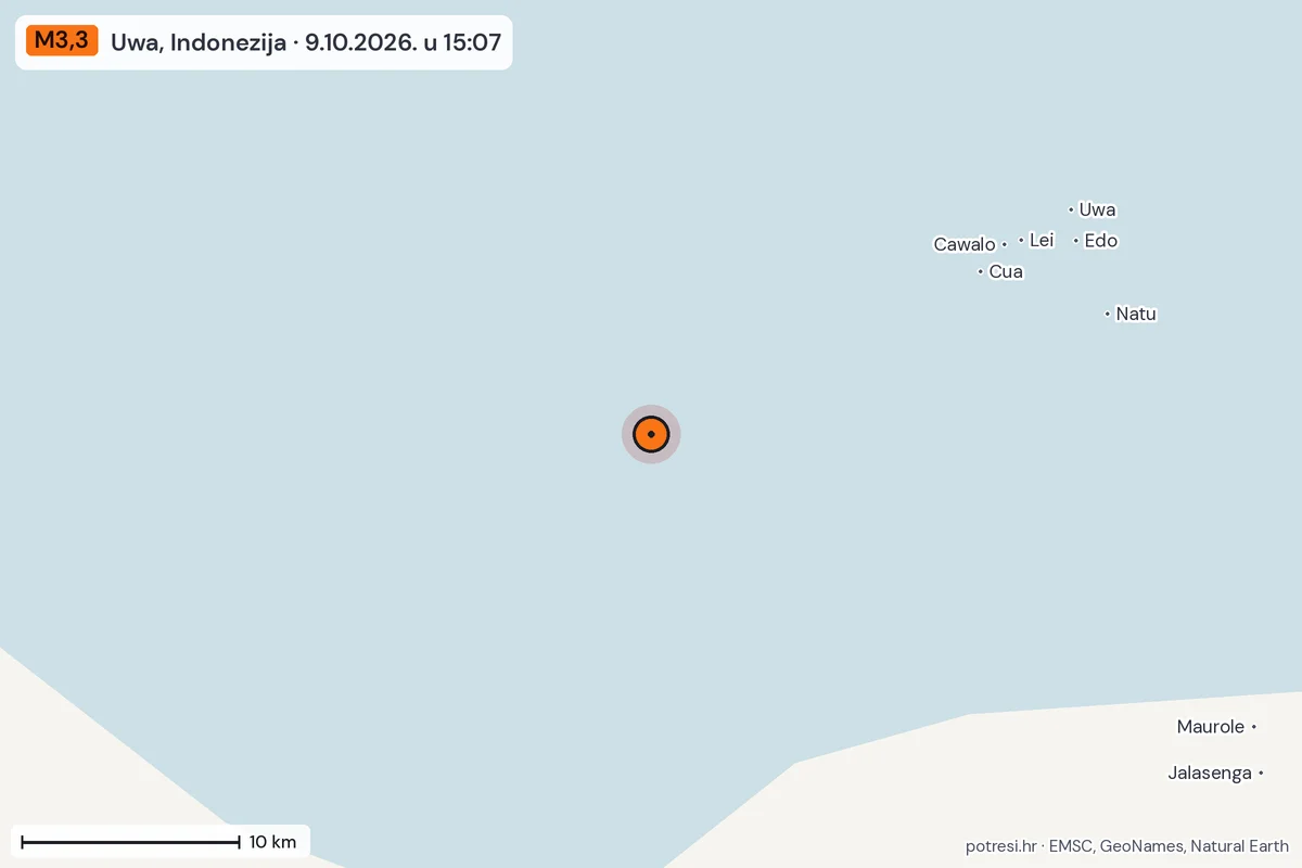 Karta: okolica epicentra, 60 km, potres M3,3, Uwa, Indonezija, 9.10.2026.