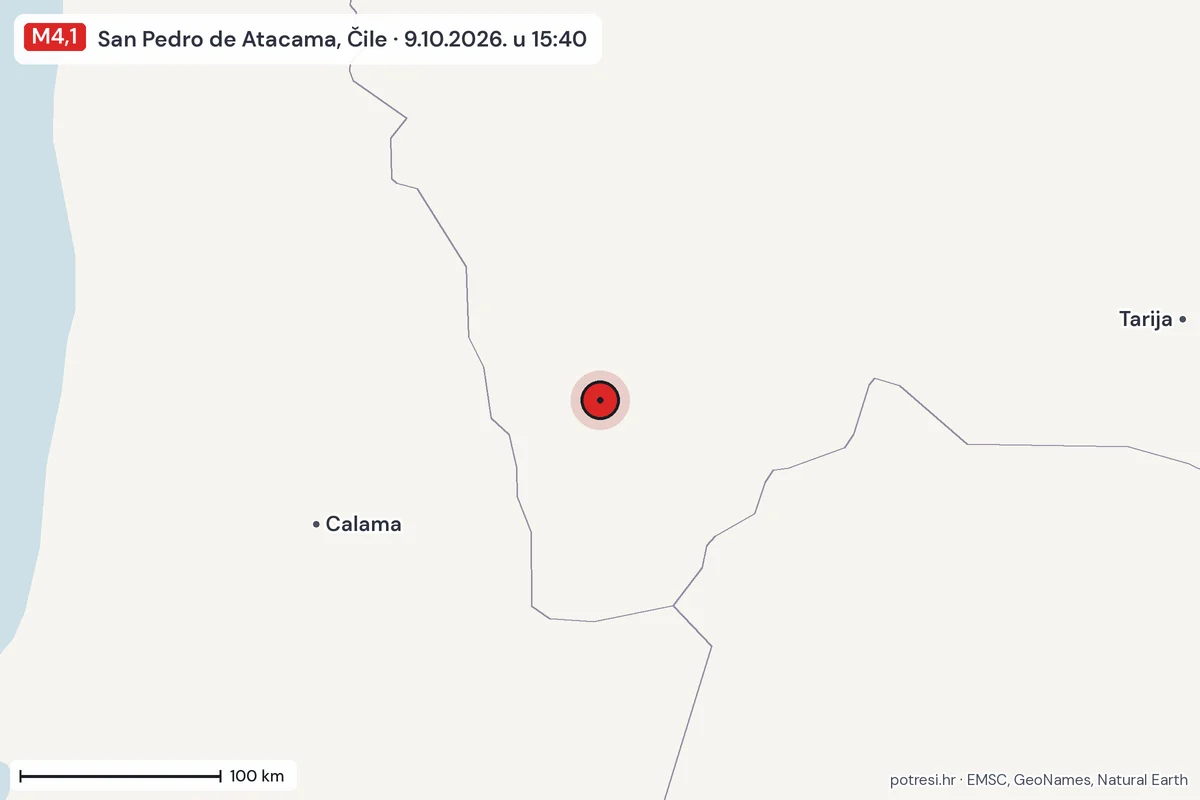 Karta: šire područje, 600 km, potres M4,1, San Pedro de Atacama, Čile, 9.10.2026.