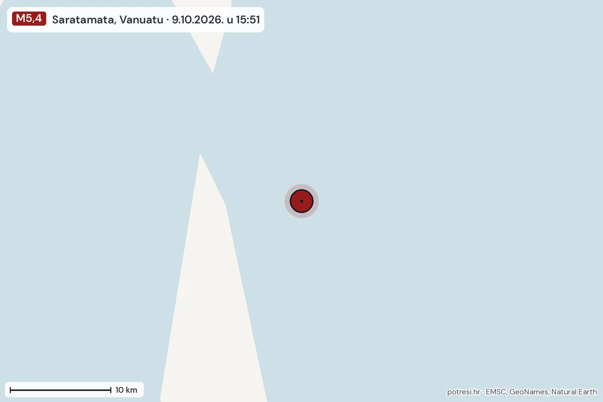 Karta: okolica epicentra, 60 km, potres M5,4, Saratamata, Vanuatu, 9.10.2026.