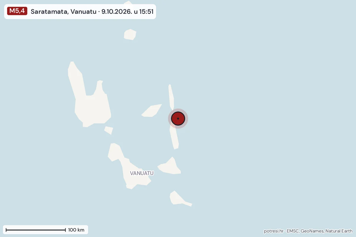 Karta: šire područje, 600 km, potres M5,4, Saratamata, Vanuatu, 9.10.2026.