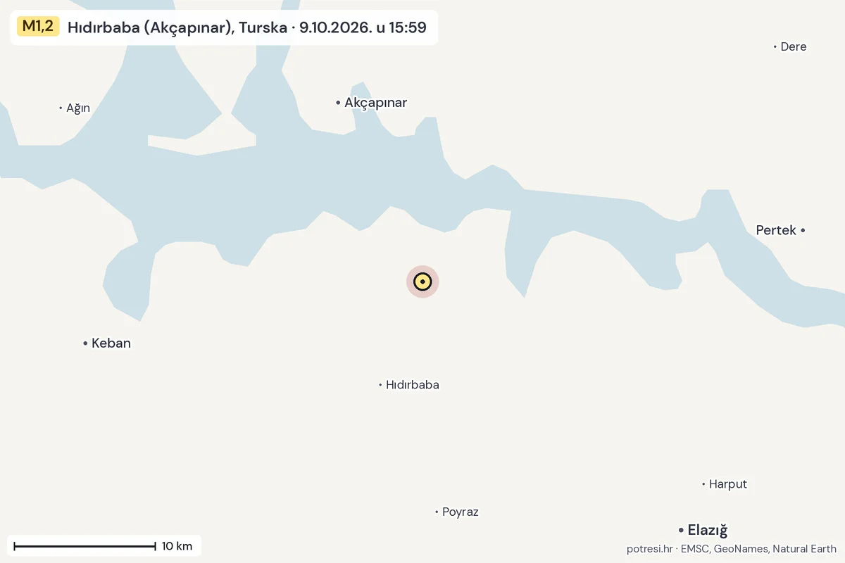 Karta: okolica epicentra, 60 km, potres M1,2, Hıdırbaba (Akçapınar), Turska, 9.10.2026.