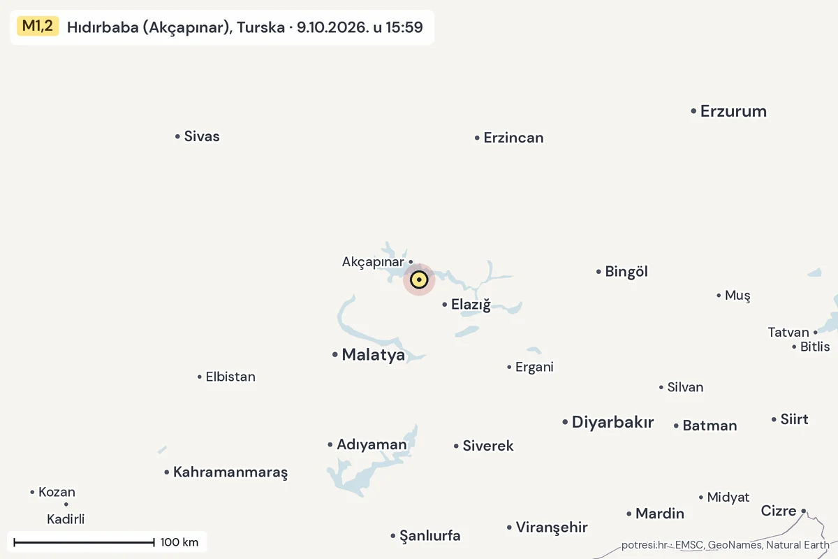 Karta: šire područje, 600 km, potres M1,2, Hıdırbaba (Akçapınar), Turska, 9.10.2026.