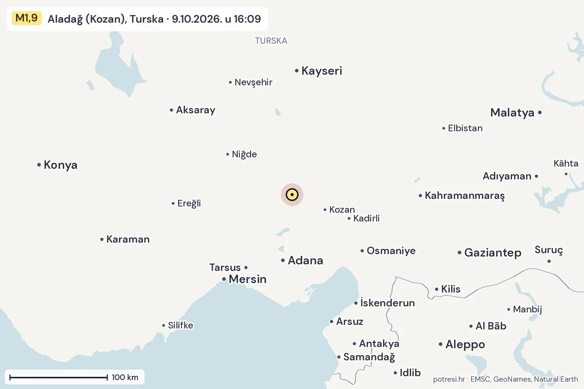 Karta: šire područje, 600 km, potres M1,9, Aladağ (Kozan), Turska, 9.10.2026.