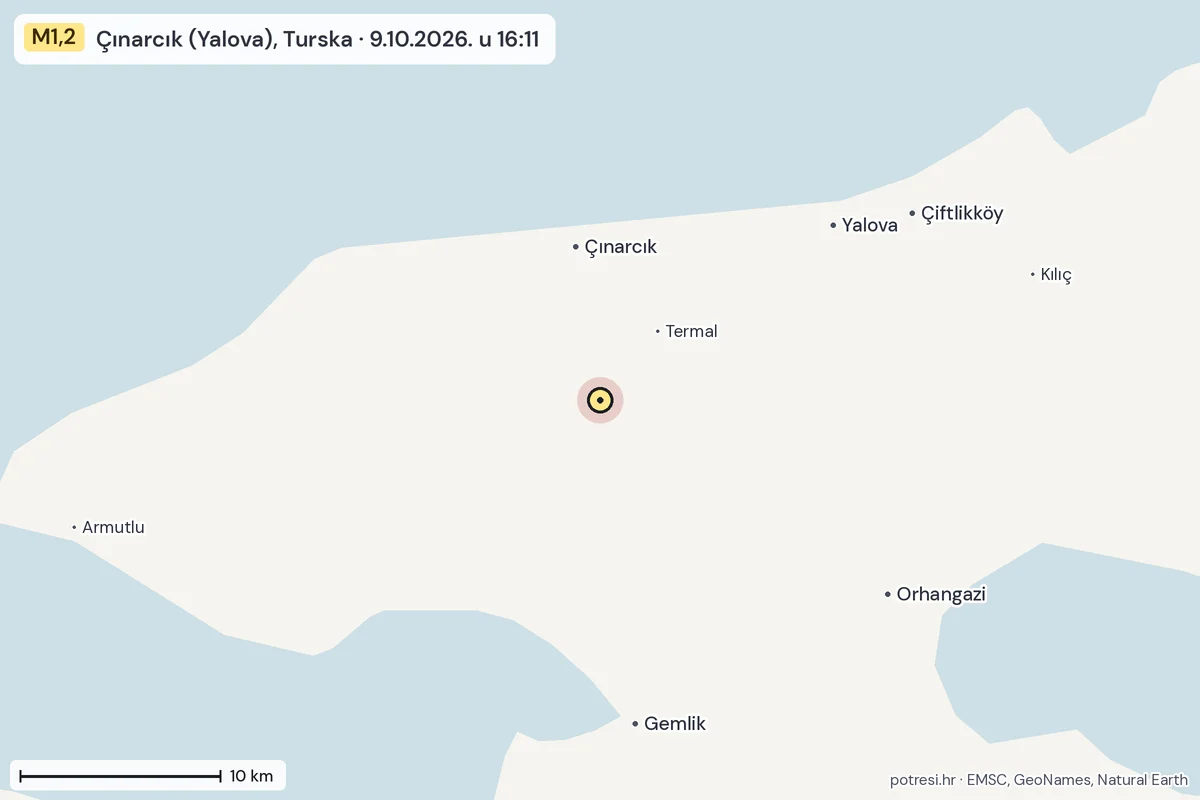 Karta: okolica epicentra, 60 km, potres M1,2, Çınarcık (Yalova), Turska, 9.10.2026.