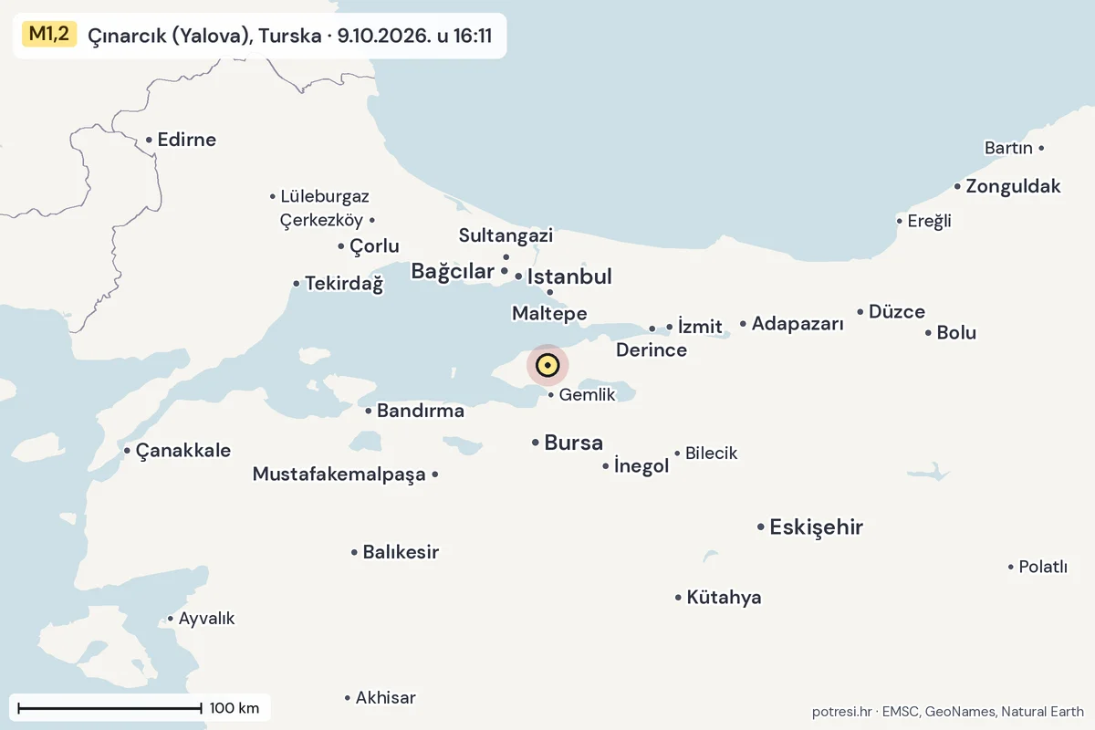 Karta: šire područje, 600 km, potres M1,2, Çınarcık (Yalova), Turska, 9.10.2026.