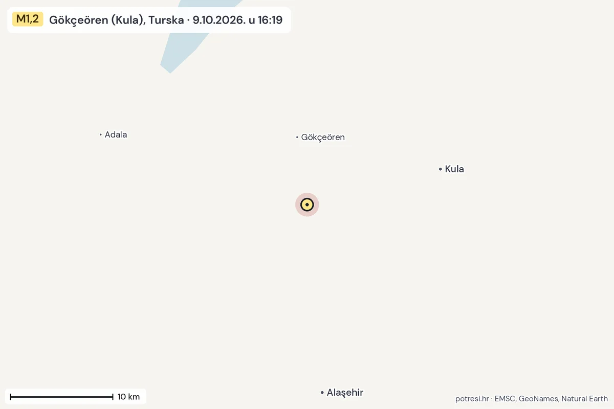 Karta: okolica epicentra, 60 km, potres M1,2, Gökçeören (Kula), Turska, 9.10.2026.