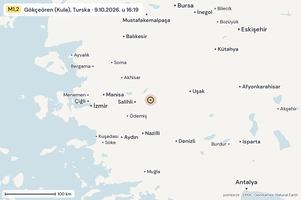 Karta: šire područje, 600 km, potres M1,2, Gökçeören (Kula), Turska, 9.10.2026.