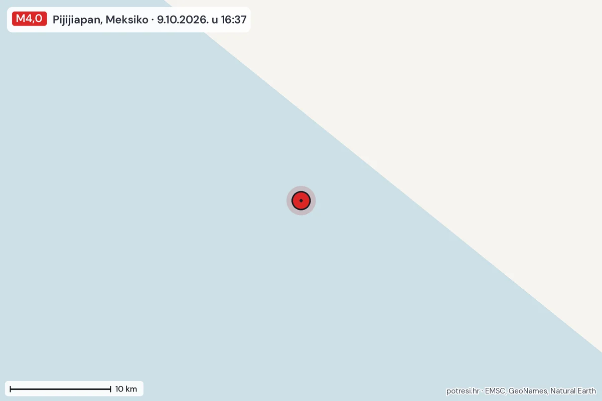 Karta: okolica epicentra, 60 km, potres M4,0, Pijijiapan, Meksiko, 9.10.2026.