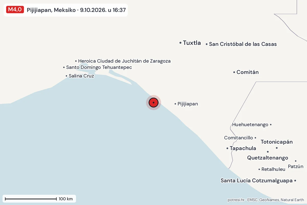 Karta: šire područje, 600 km, potres M4,0, Pijijiapan, Meksiko, 9.10.2026.