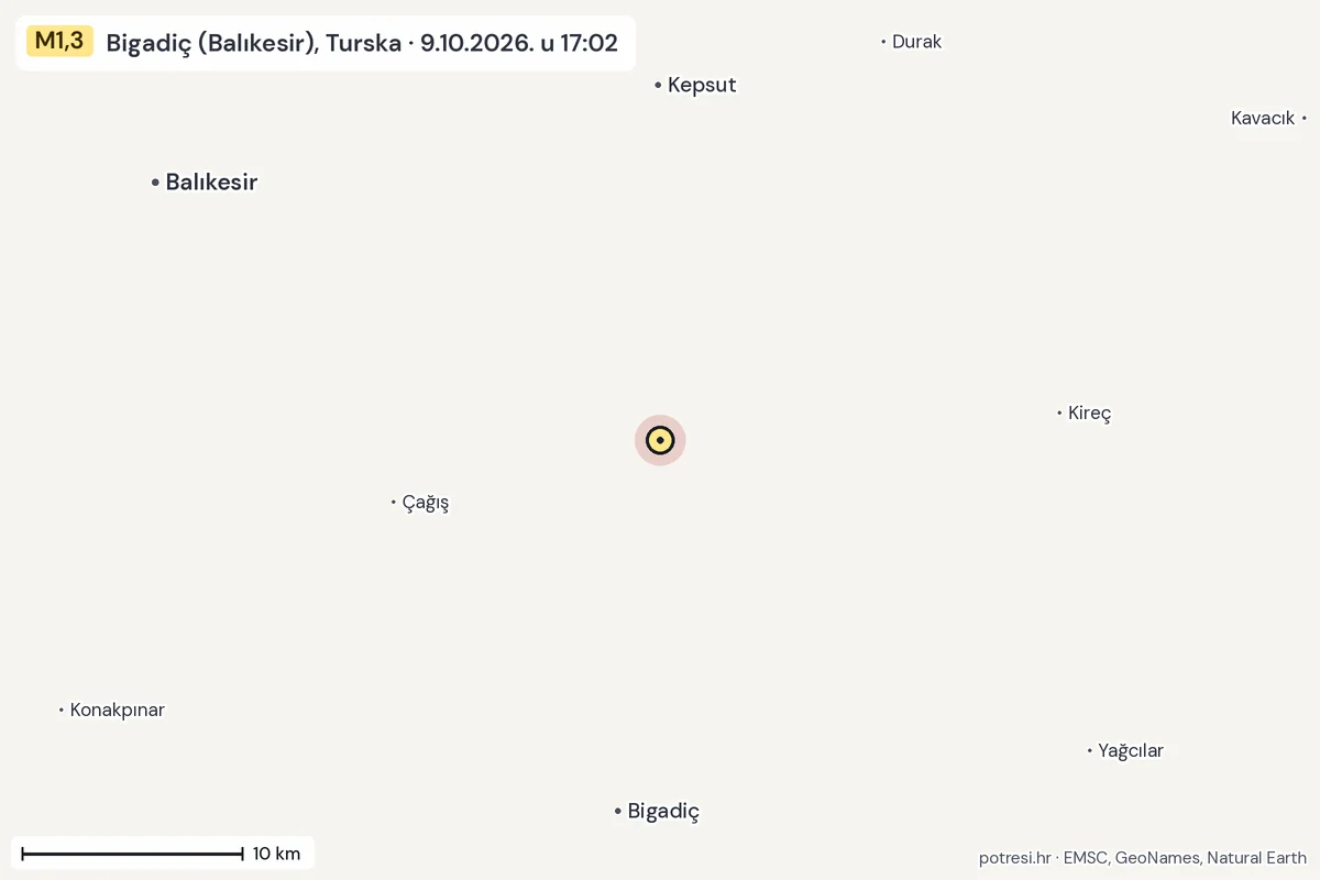 Karta: okolica epicentra, 60 km, potres M1,3, Bigadiç (Balıkesir), Turska, 9.10.2026.