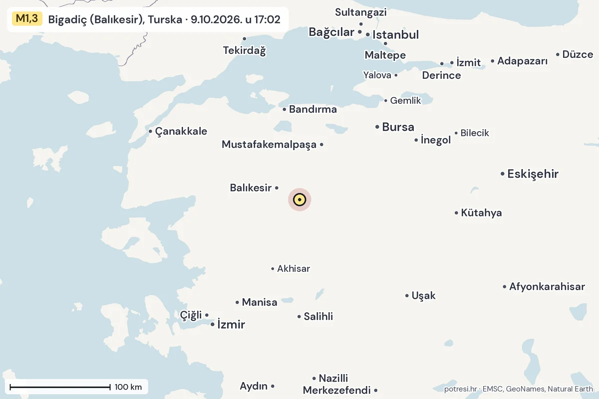Karta: šire područje, 600 km, potres M1,3, Bigadiç (Balıkesir), Turska, 9.10.2026.