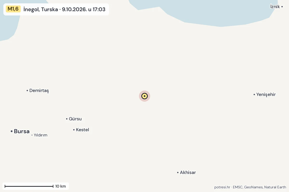 Karta: okolica epicentra, 60 km, potres M1,6, İnegol, Turska, 9.10.2026.