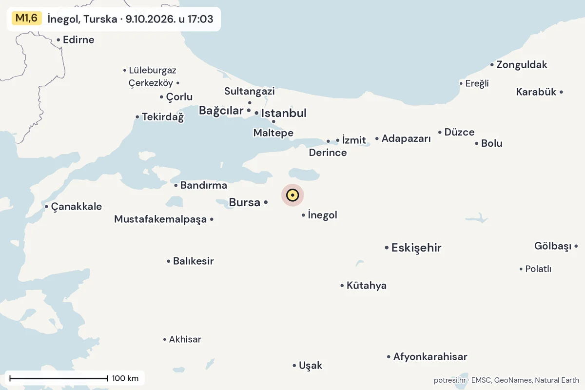 Karta: šire područje, 600 km, potres M1,6, İnegol, Turska, 9.10.2026.