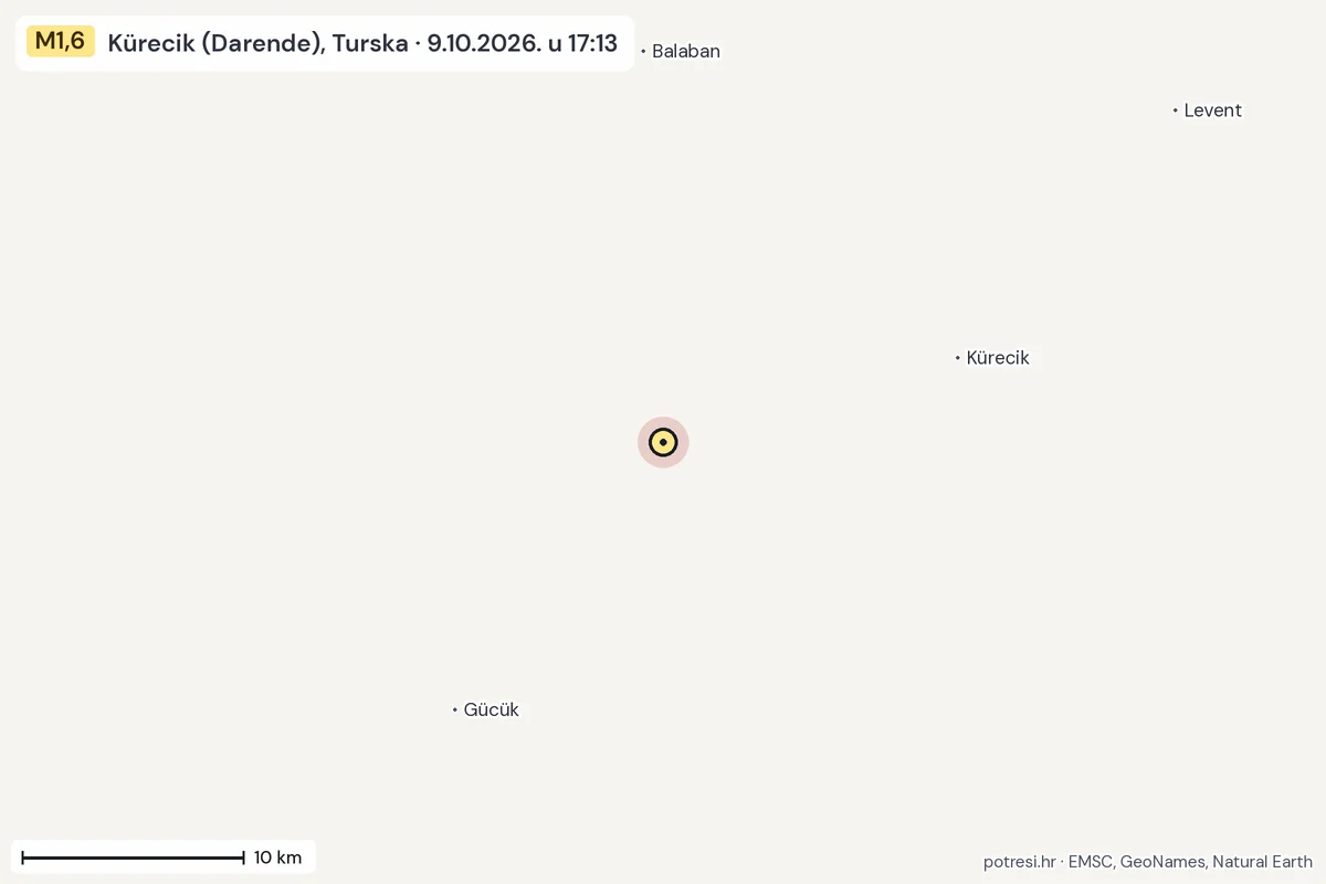Karta: okolica epicentra, 60 km, potres M1,6, Kürecik (Darende), Turska, 9.10.2026.