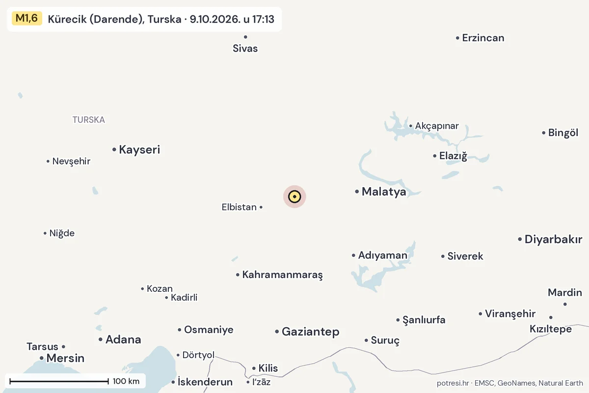 Karta: šire područje, 600 km, potres M1,6, Kürecik (Darende), Turska, 9.10.2026.