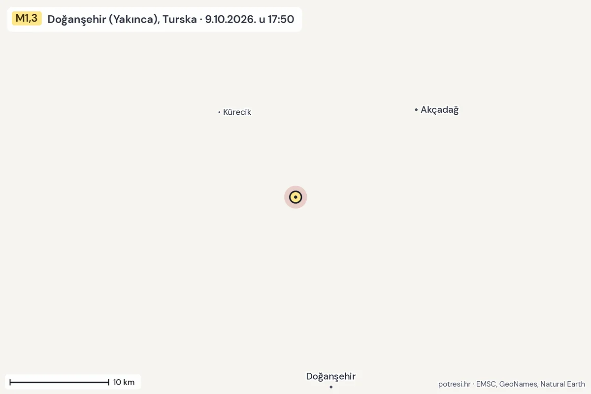 Karta: okolica epicentra, 60 km, potres M1,3, Doğanşehir (Yakınca), Turska, 9.10.2026.