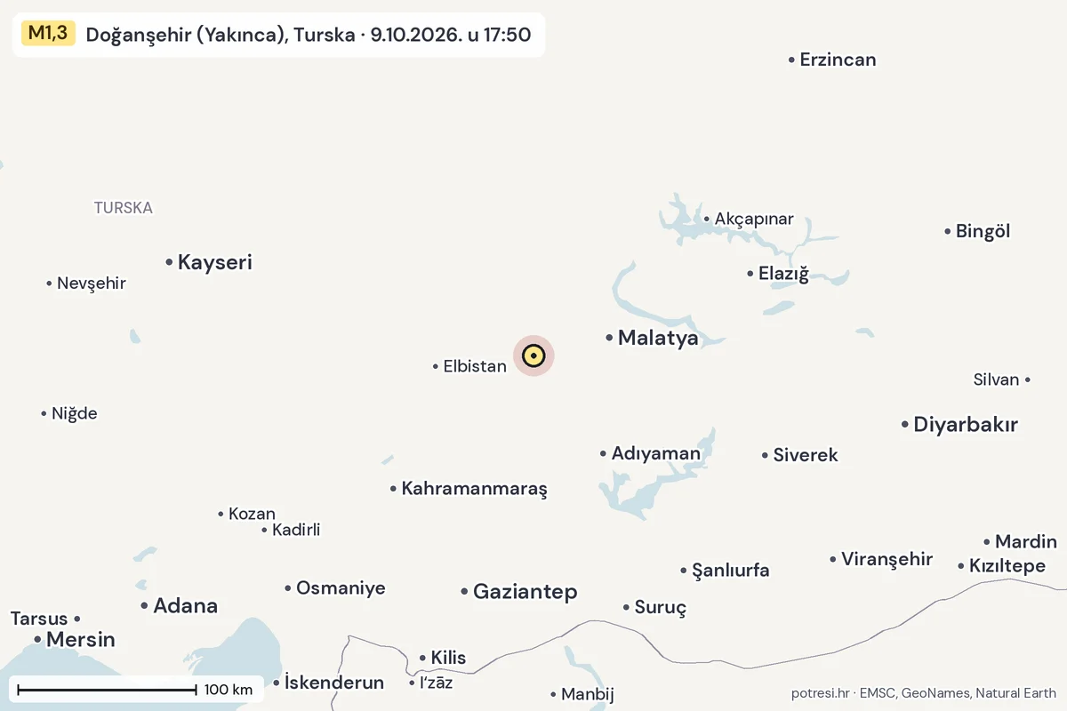 Karta: šire područje, 600 km, potres M1,3, Doğanşehir (Yakınca), Turska, 9.10.2026.