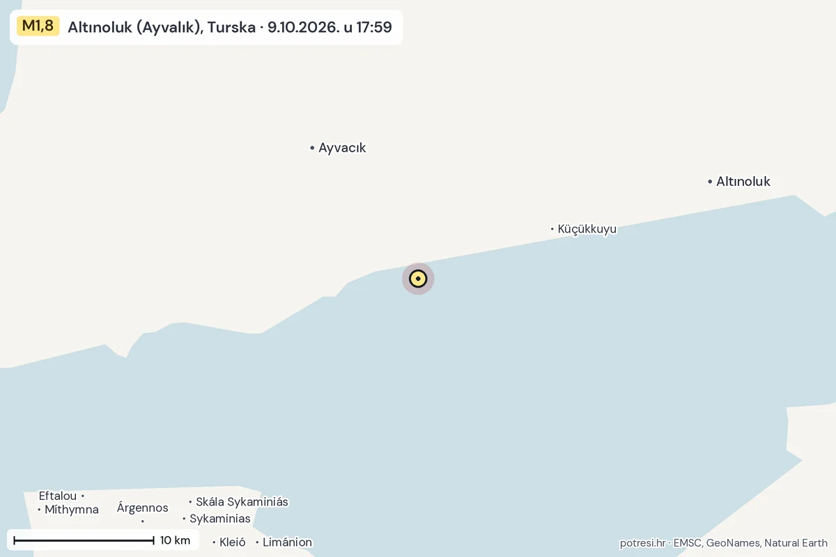 Karta: okolica epicentra, 60 km, potres M1,8, Altınoluk (Ayvalık), Turska, 9.10.2026.