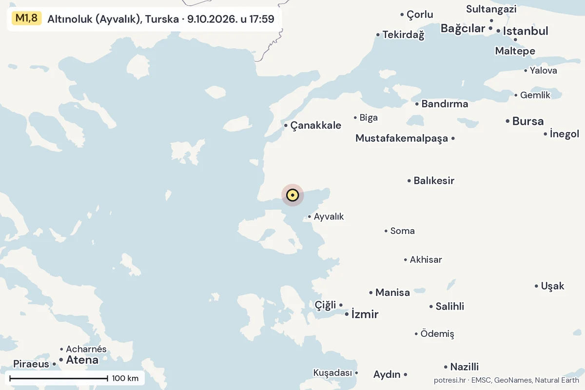 Karta: šire područje, 600 km, potres M1,8, Altınoluk (Ayvalık), Turska, 9.10.2026.
