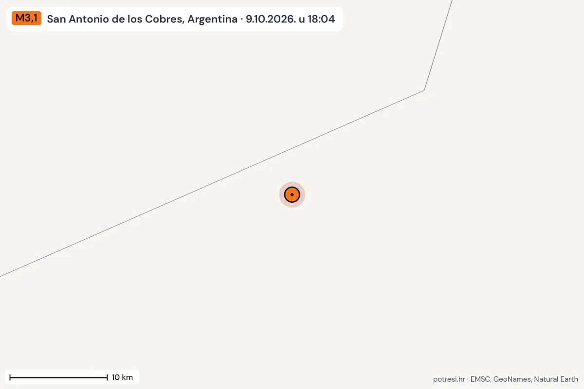 Karta: okolica epicentra, 60 km, potres M3,1, San Antonio de los Cobres, Argentina, 9.10.2026.