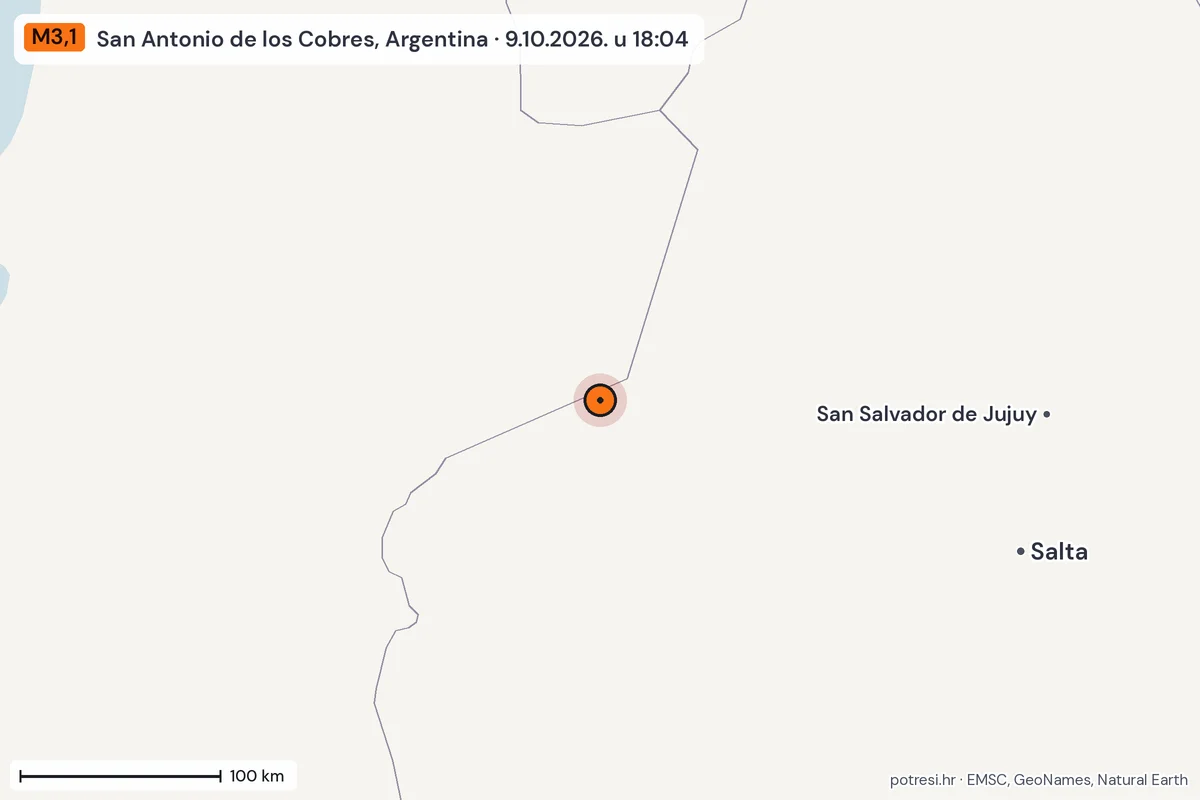 Karta: šire područje, 600 km, potres M3,1, San Antonio de los Cobres, Argentina, 9.10.2026.