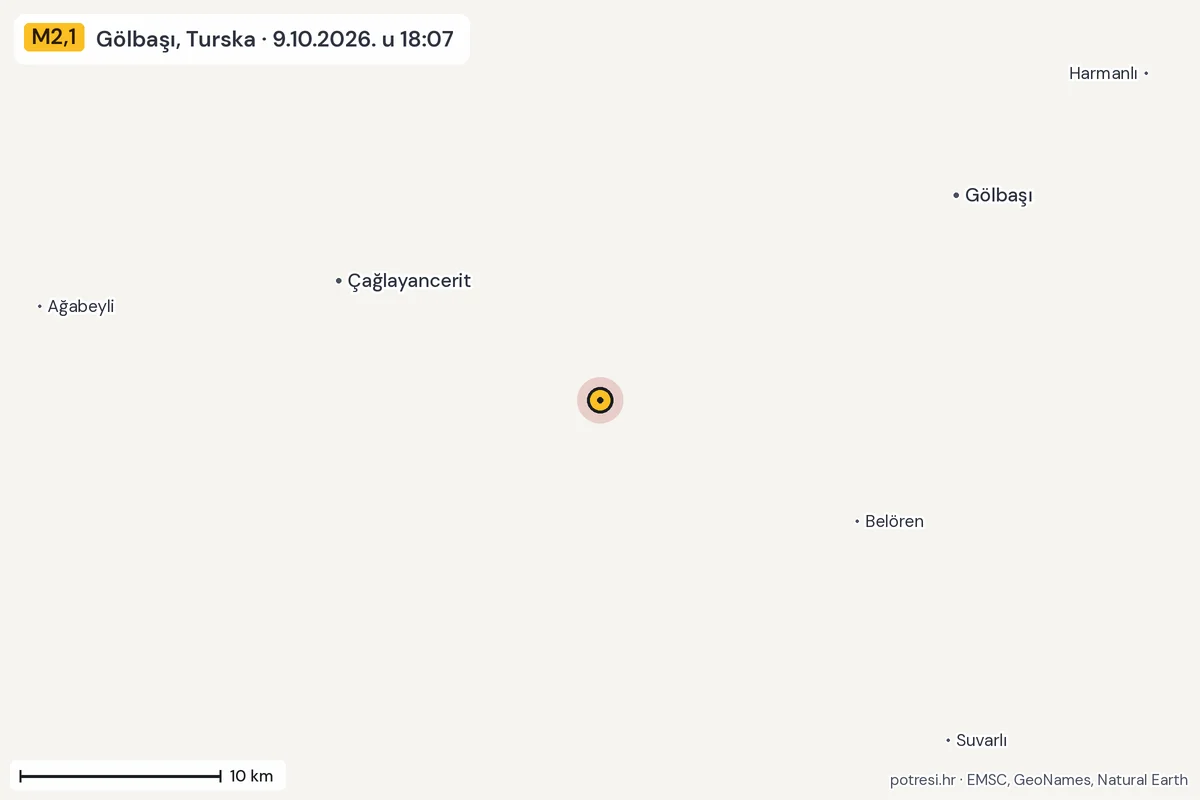 Karta: okolica epicentra, 60 km, potres M2,1, Gölbaşı, Turska, 9.10.2026.