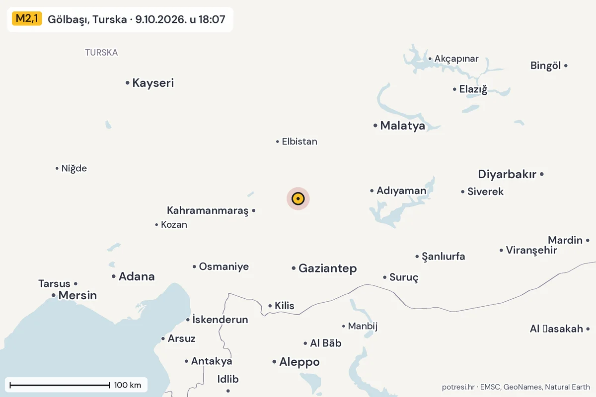 Karta: šire područje, 600 km, potres M2,1, Gölbaşı, Turska, 9.10.2026.