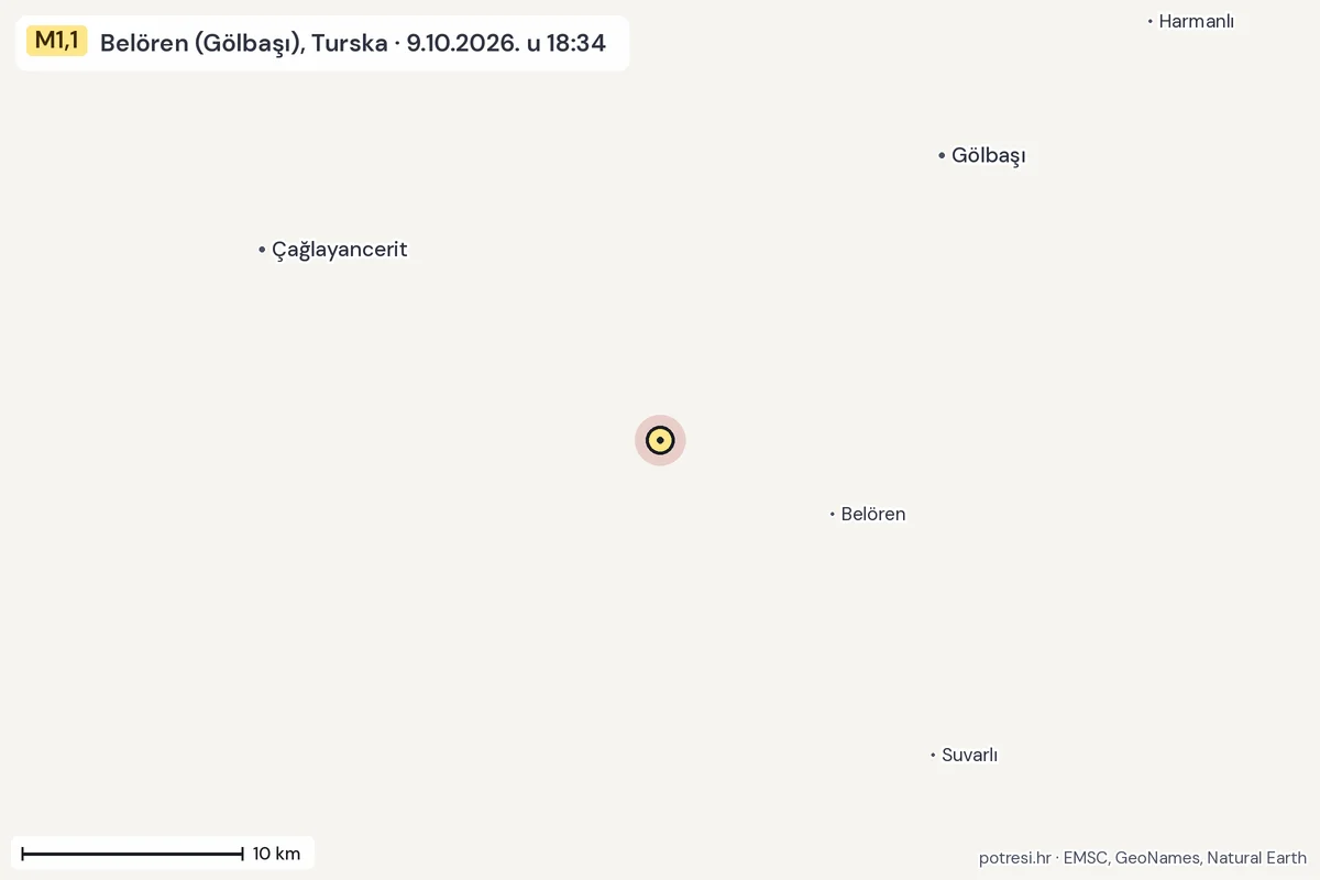 Karta: okolica epicentra, 60 km, potres M1,1, Belören (Gölbaşı), Turska, 9.10.2026.