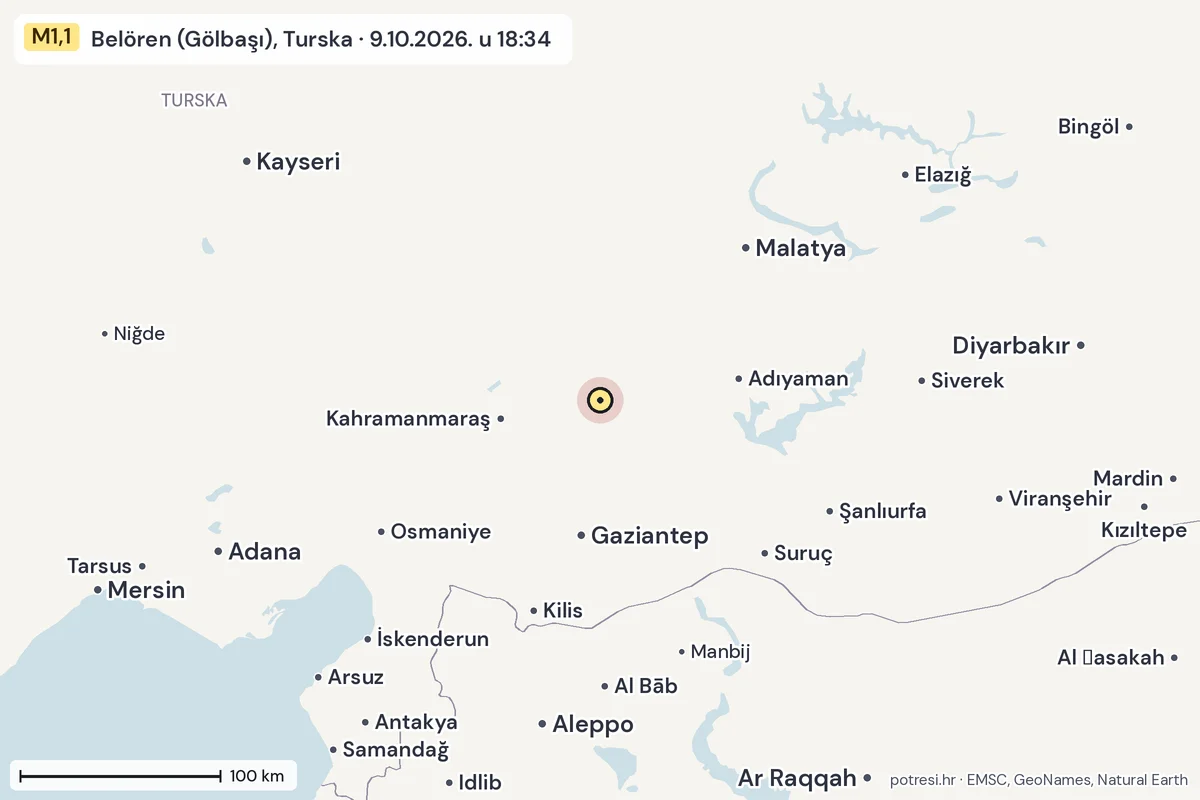 Karta: šire područje, 600 km, potres M1,1, Belören (Gölbaşı), Turska, 9.10.2026.