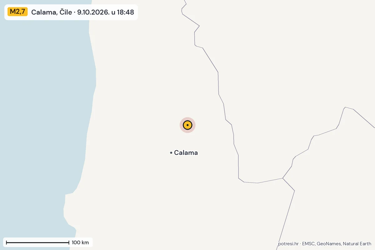 Karta: šire područje, 600 km, potres M2,7, Calama, Čile, 9.10.2026.