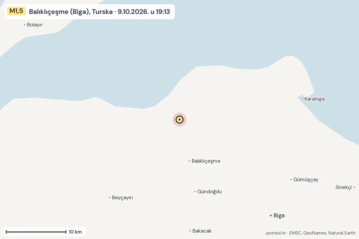 Karta: okolica epicentra, 60 km, potres M1,5, Balıklıçeşme (Biga), Turska, 9.10.2026.