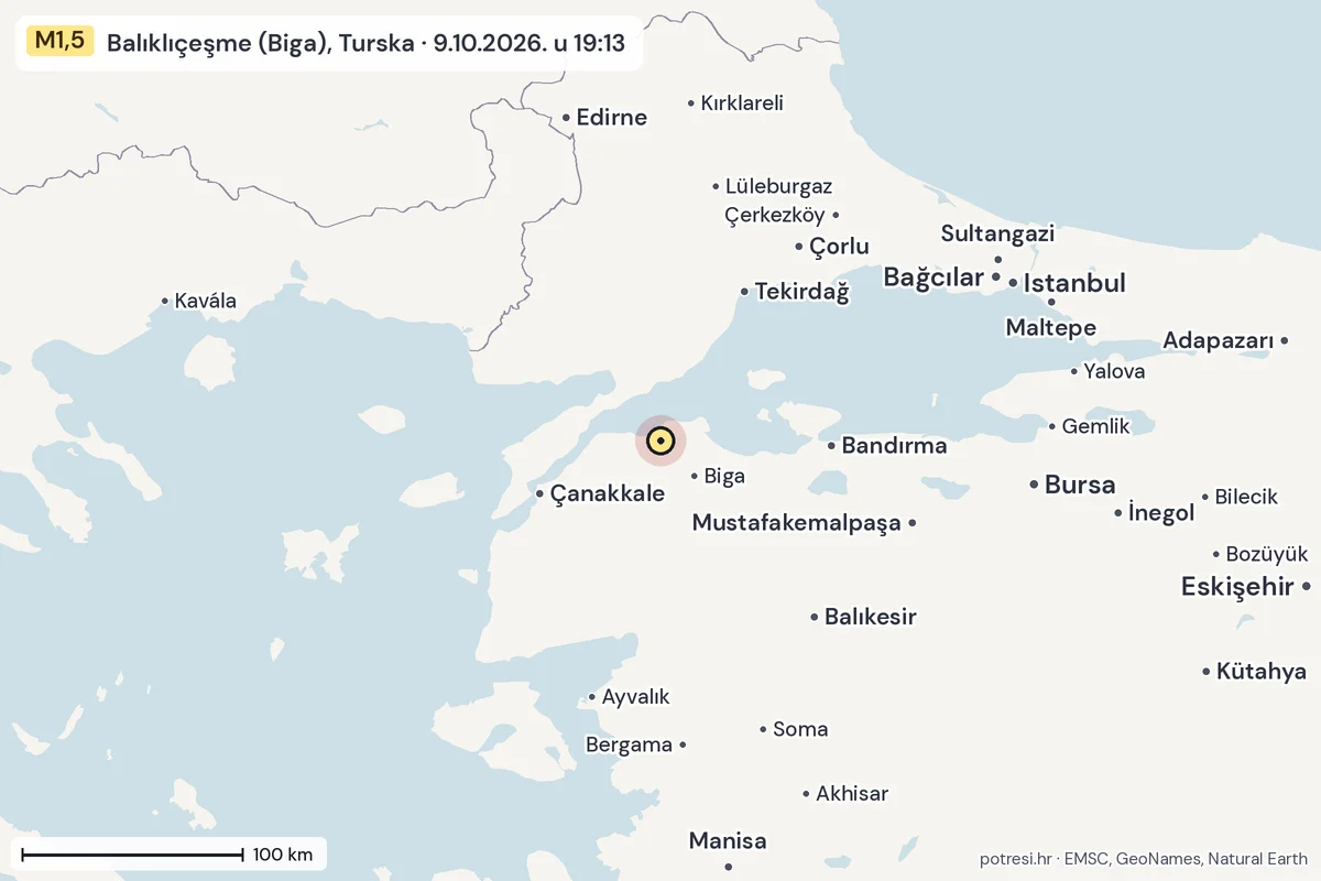 Karta: šire područje, 600 km, potres M1,5, Balıklıçeşme (Biga), Turska, 9.10.2026.