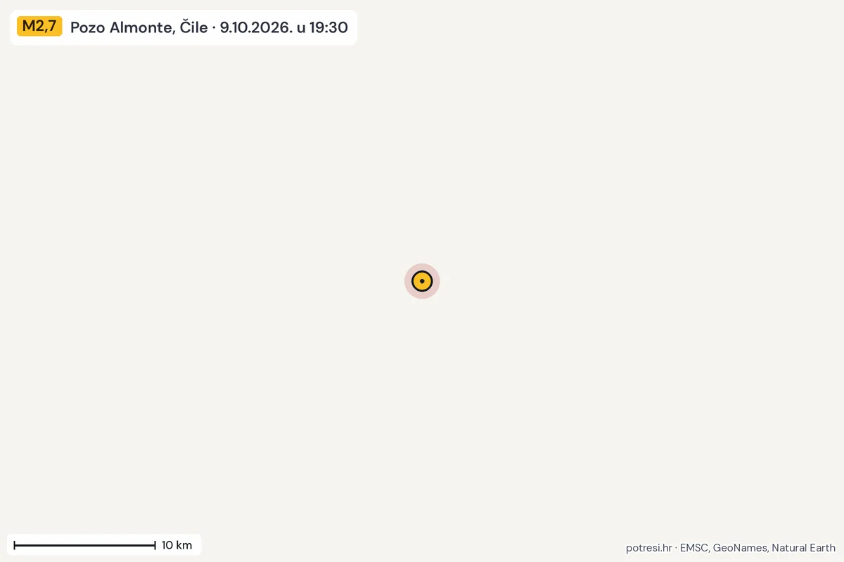 Karta: okolica epicentra, 60 km, potres M2,7, Pozo Almonte, Čile, 9.10.2026.