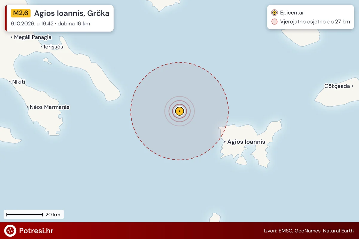 Karta: šire područje i vjerojatni doseg osjeta, potres M2,6, Agios Ioannis, Grčka, 9.10.2026.