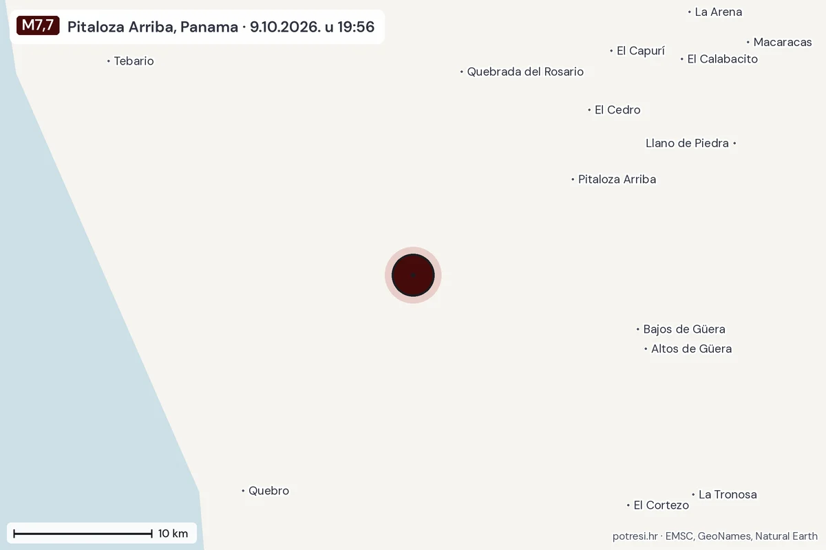 Karta: okolica epicentra, 60 km, potres M7,7, Pitaloza Arriba, Panama, 9.10.2026.