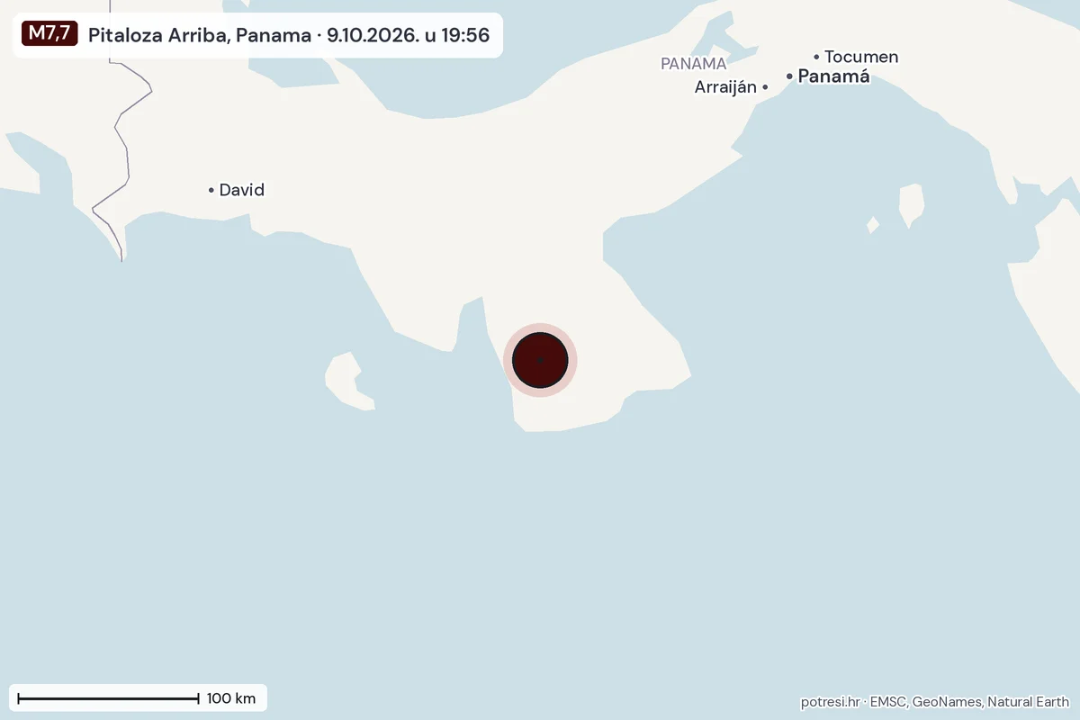 Karta: šire područje, 600 km, potres M7,7, Pitaloza Arriba, Panama, 9.10.2026.