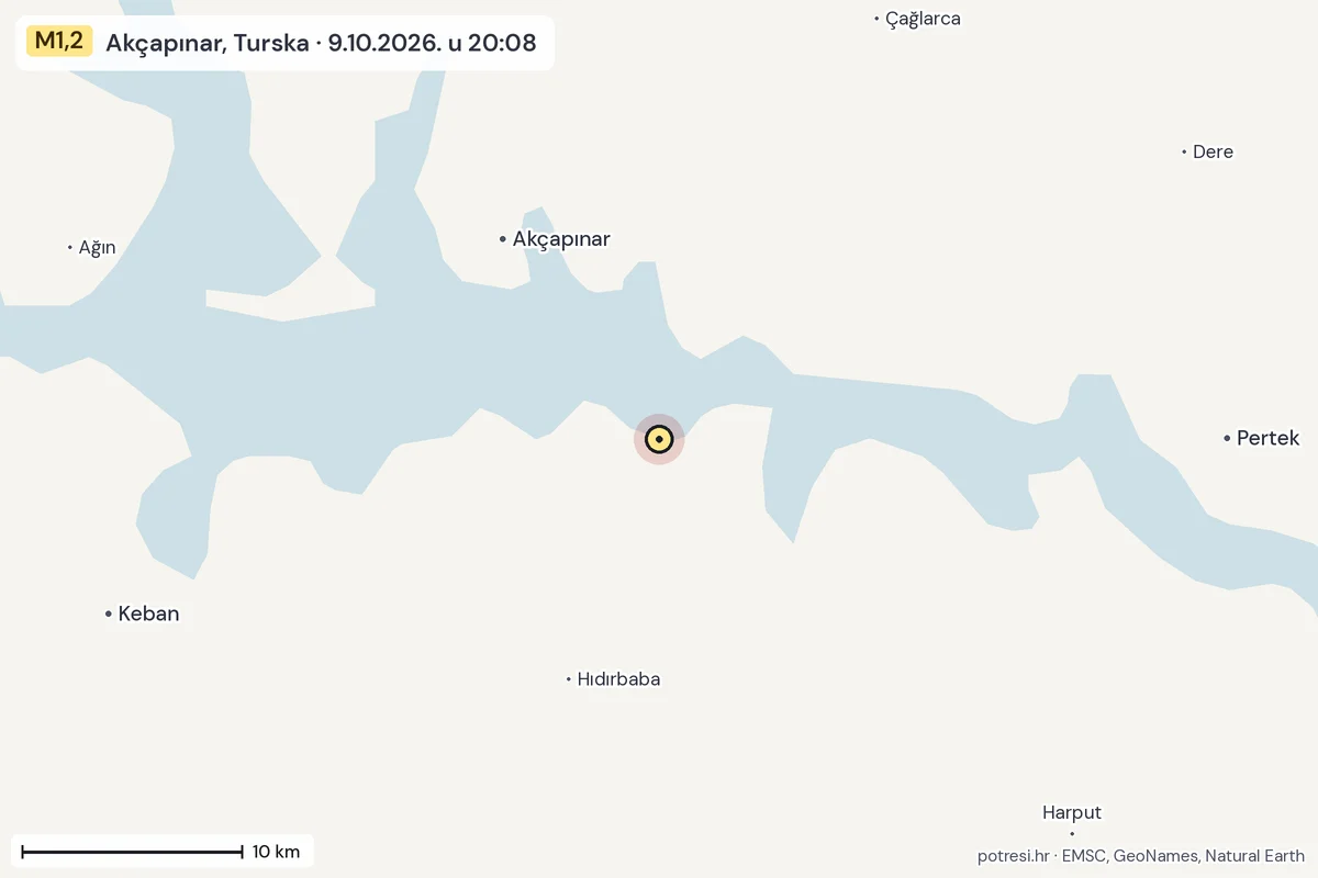 Karta: okolica epicentra, 60 km, potres M1,2, Akçapınar, Turska, 9.10.2026.