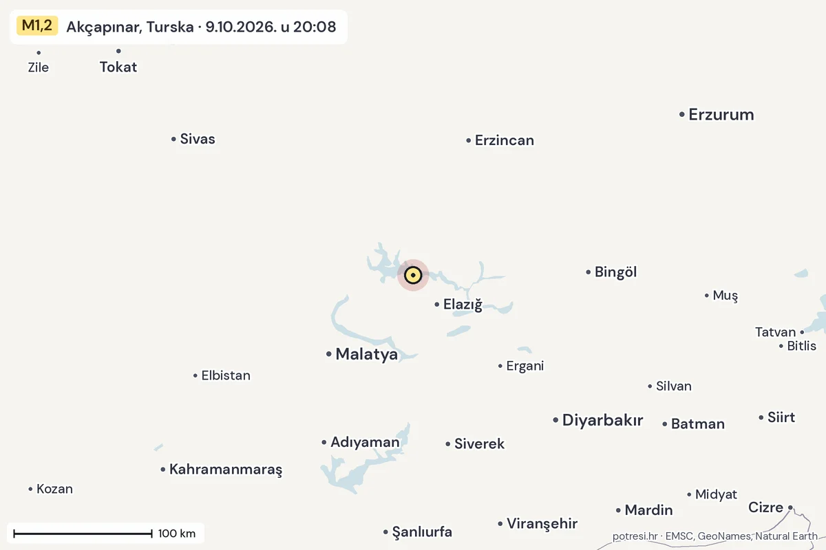 Karta: šire područje, 600 km, potres M1,2, Akçapınar, Turska, 9.10.2026.