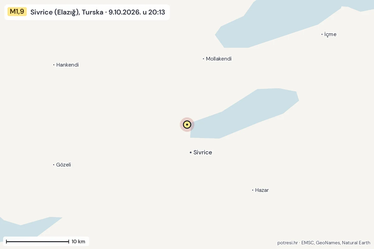 Karta: okolica epicentra, 60 km, potres M1,9, Sivrice (Elazığ), Turska, 9.10.2026.