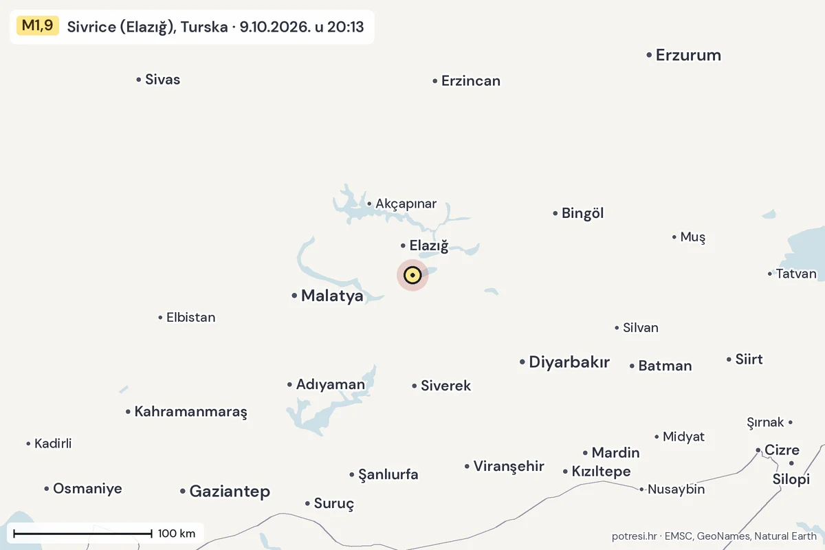 Karta: šire područje, 600 km, potres M1,9, Sivrice (Elazığ), Turska, 9.10.2026.
