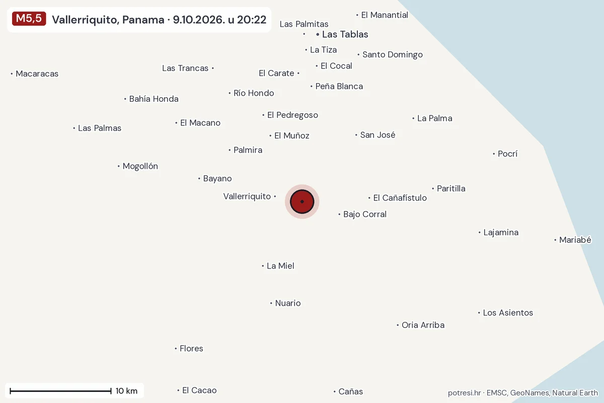 Karta: okolica epicentra, 60 km, potres M5,5, Vallerriquito, Panama, 9.10.2026.