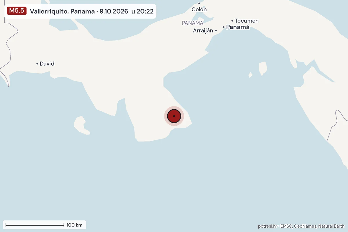 Karta: šire područje, 600 km, potres M5,5, Vallerriquito, Panama, 9.10.2026.